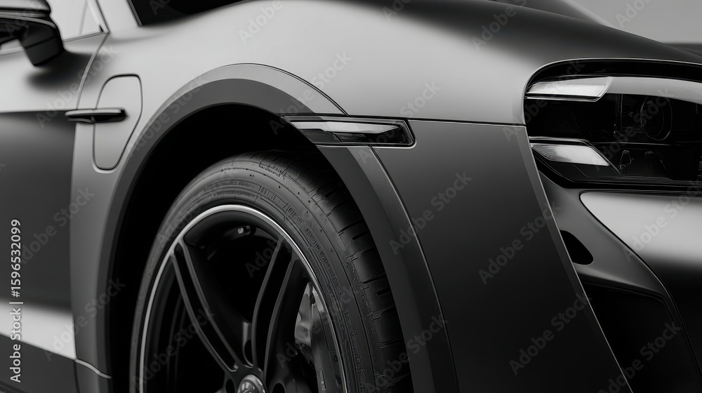 Elegant monochrome close-up of a front wheel arch highlighting matte finish and intricate design in automotive craftsmanship Elegant monochrome close-up of a front wheel arch highlighting matte finish and intricate design in automotive craftsmanship