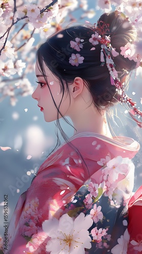 Elegant Geisha Portrait Surrounded by Cherry Blossoms A Beautiful Asian Beauty in Pink Kimono