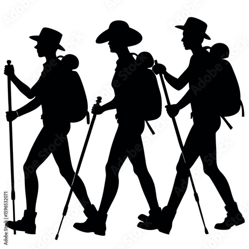 Three hikers with backpacks and trekking poles walking together