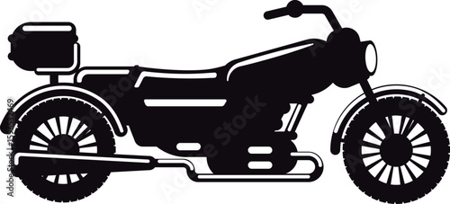 Classic motorcycle silhouette featuring a sidecar with a trunk on top, exhaust pipes, and large wheels, ideal for transportation or travel related designs
