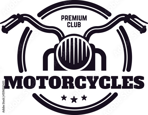 Stylish monochrome logo representing a motorcycle club, featuring handlebars and a headlight along with premium club inscription, ideal for branding and apparel design