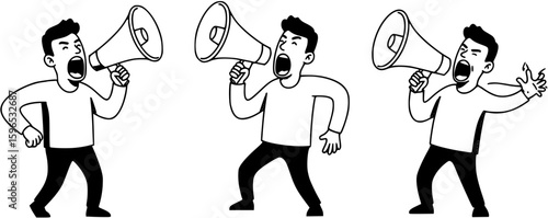 Three vector cartoons of a man screaming using a horn megaphone. black and white
