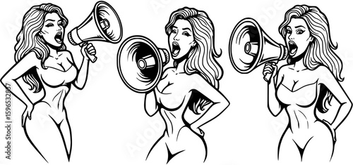 Three vector cartoons of a sexy woman screaming using a horn megaphone. black and white
