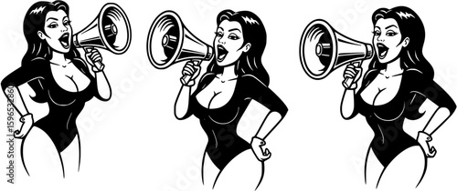 Three vector cartoons of a sexy woman screaming using a horn megaphone. black and white
