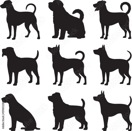 Collection of dog silhouettes in various poses and breeds dogs animals