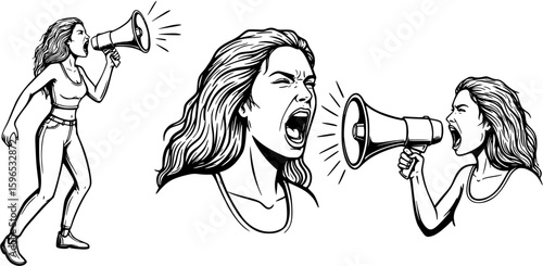 Three vector cartoons of a sexy woman screaming using a horn megaphone. black and white
