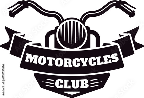 Stylish emblem featuring handlebars and a round headlight, complemented by a ribbon displaying motorcycles club inscription, perfect for branding and apparel designs