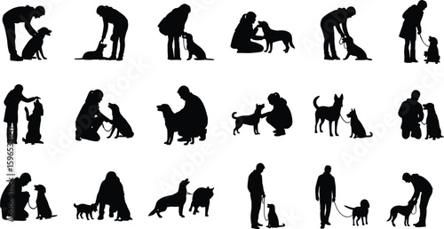 Dog and human silhouette interaction, training bonding scene, pet companionship, animal care moment, playful poses, obedience vector, black design illustration