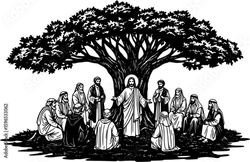 Jesus Christ and his disciples gathering under big tree
