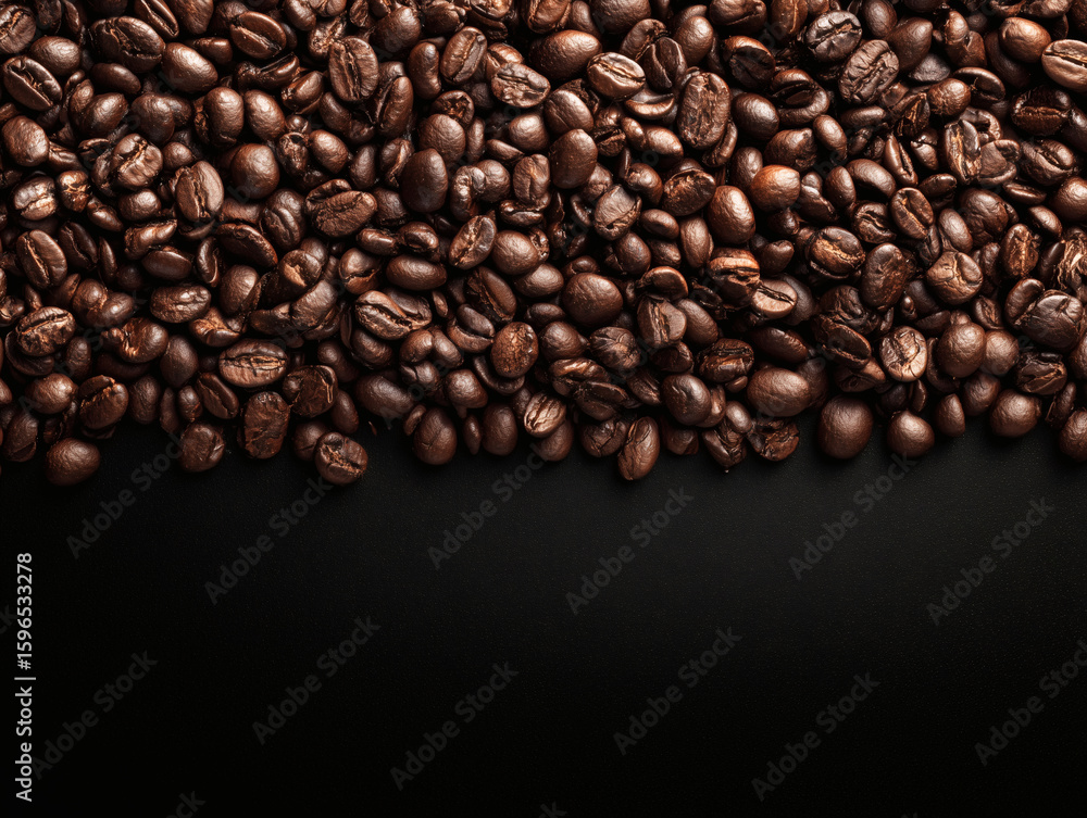 Obraz premium 香ばしく焙煎されたコーヒー豆が並ぶシンプルな背景
