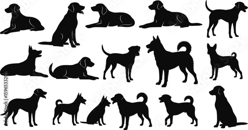 Dog breed silhouettes vector, pet illustration set, sitting standing lying poses, animal design elements, canine artwork, black dog shapes