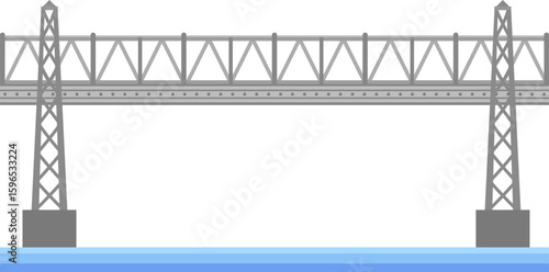 Simple vector illustration featuring a large metal bridge spanning a river, supported by sturdy piers, isolated against a clean white background, highlighting its architectural design