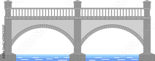 Stone bridge with two arches crossing a river with railing and pillars on a white background representing urban infrastructure and transportation