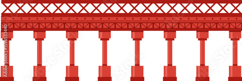Seamless horizontal illustration of a red railway bridge extending into the distance, supported by a series of pillars and featuring a metal framework