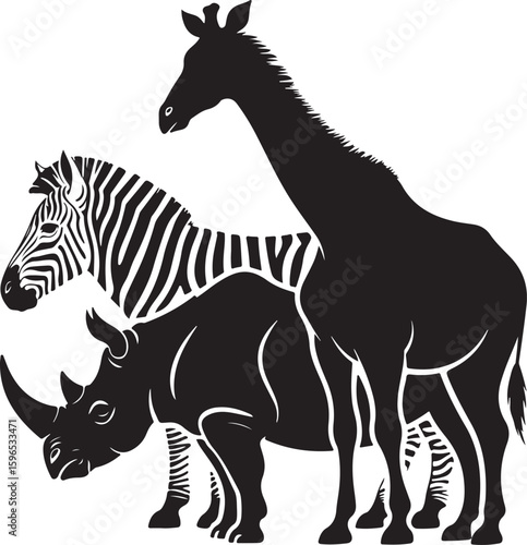 Giraffe Zebra Rhinoceros Silhouette Group savanna wildlife