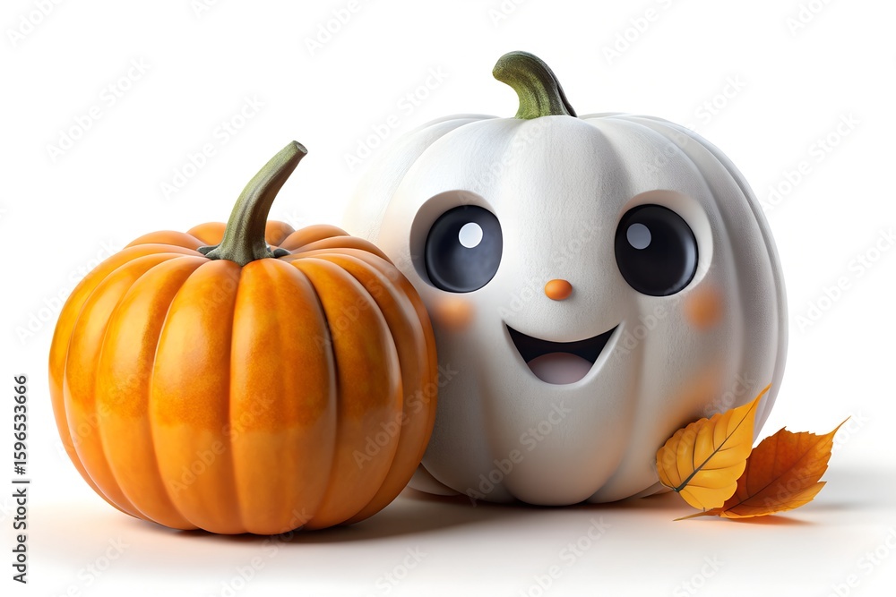 Obraz premium A cheerful white ghost pumpkin and an orange pumpkin with autumn leaves