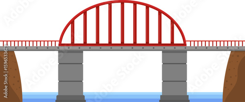 Red arch bridge with concrete pillars and side rails connecting two shores over water, representing infrastructure, transportation, connection, and engineering