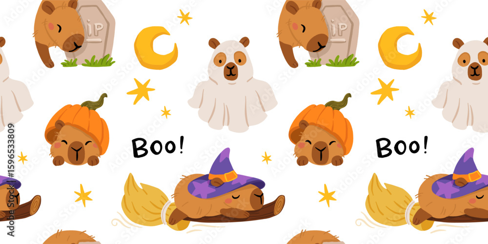 Obraz premium Cute Halloween capybara seamless pattern, spooky cartoon capybaras dressed as mummy, ghost, witch, pumpkin, with gravestone, candles, broom, toilet paper and pumpkins, kawaii animal vector background