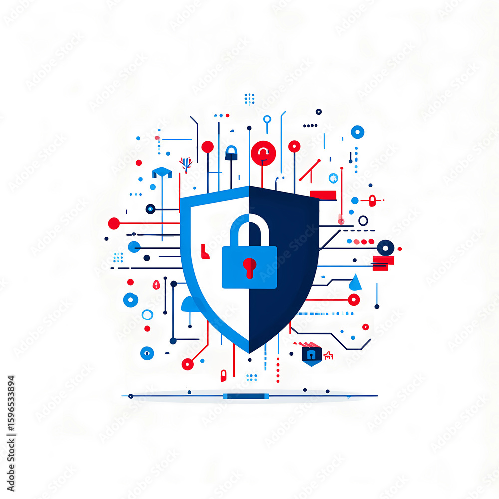 Obraz premium Cybersecurity Shield with Padlock and Security Alert Icons - Data Protection and Network Security Concept