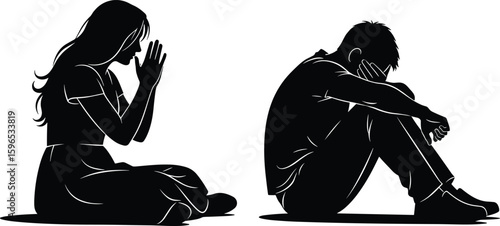 Emotional couple conflict silhouette, man and woman sitting apart, facing away, relationship distress, black and white vector, isolation scene