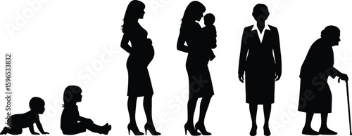 Female life cycle silhouette, girl to elderly woman, aging journey, generational transition, motherhood, stages of life, vector illustration, timeline art