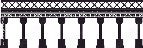 Simple black and white vector illustration of a long bridge structure with many pillars supporting a roadway, isolated on a white background, ideal for architectural or engineering projects