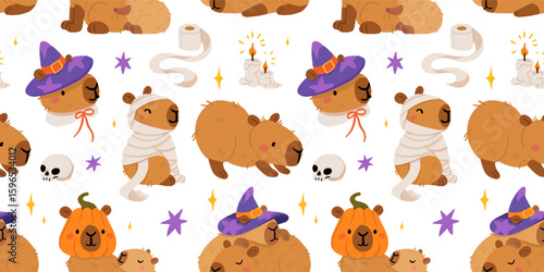 Cute Halloween capybara seamless pattern, spooky cartoon capybaras dressed as mummy, ghost, witch, pumpkin, with gravestone, candles, broom, toilet paper and pumpkins, kawaii animal vector background