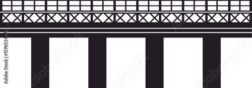 Simple black and white vector illustration of a bridge connecting two sides with metal railing and crossbeams, ideal for transportation and infrastructure projects