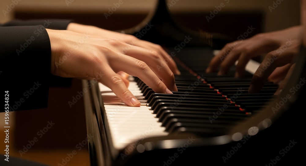 Fototapeta premium Pianist's Hands Gracefully Playing Keys on Grand Piano in Warm Light