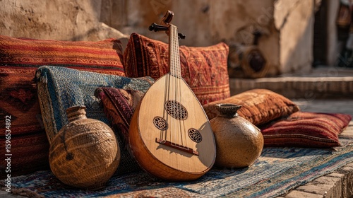 Traditional Oud with Colorful Cushions and Pottery