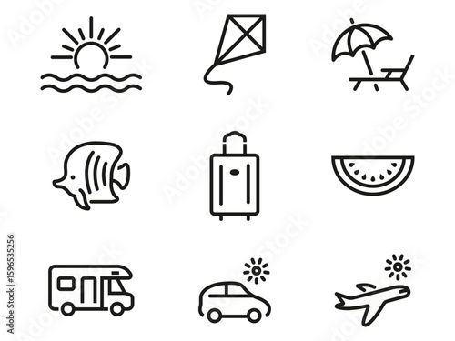 Summer Vacation and Travel Icon Set - Line Style