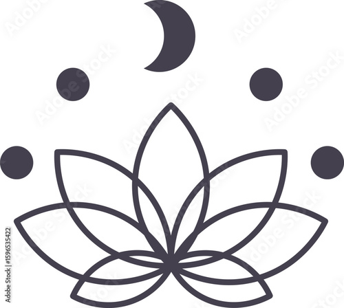 Minimalist line art illustration of a crescent moon shining over a blooming lotus flower and planets, creating a mystical and serene atmosphere