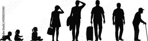 Human life stages silhouette, crawling baby to elder, growth development, age progression chart, aging cycle illustration, timeline vector design