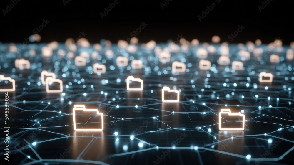 Obraz premium Abstract network grid with files and folders, futuristic software interface, digital document management system, store, search and organize documents, corporate business, paperless office