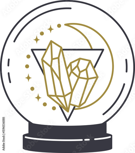 Crystal ball featuring a crescent moon and shimmering crystals inside, radiating light amidst twinkling stars, embodying themes of magic, spirituality, and divination