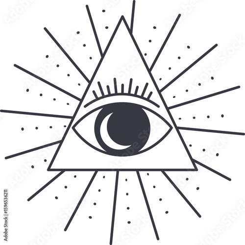 The concept of the all seeing eye, often associated with providence and spirituality, is depicted with radiating light beams, creating a captivating and mysterious visual