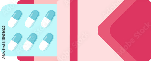 Blister pack filled with six blue and white capsules emerging from a pink box, symbolizing medication, healthcare, pharmacy, and treatment options for various health conditions