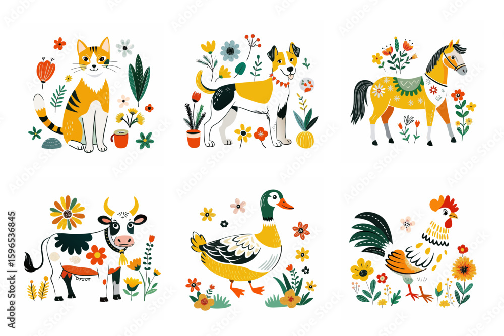 Fototapeta premium Whimsical Animal Set Illustrations: Cat, Dog, Horse, Cow, Duck, Rooster with Floral Patterns