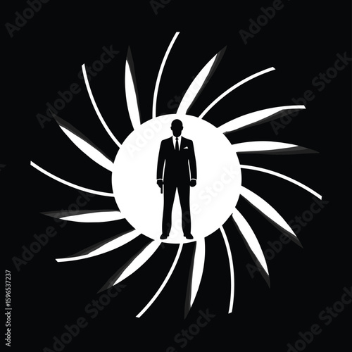 Silhouette of businessman in suit, abstract rays background, leadership concept, power and influence theme, corporate design, vector business artwork
