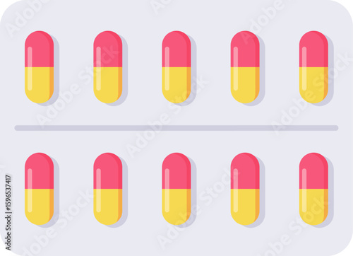 Pink and yellow capsules arranged in a blister pack represent medication, healthcare, and pharmaceutical products, emphasizing the importance of treatment and wellness