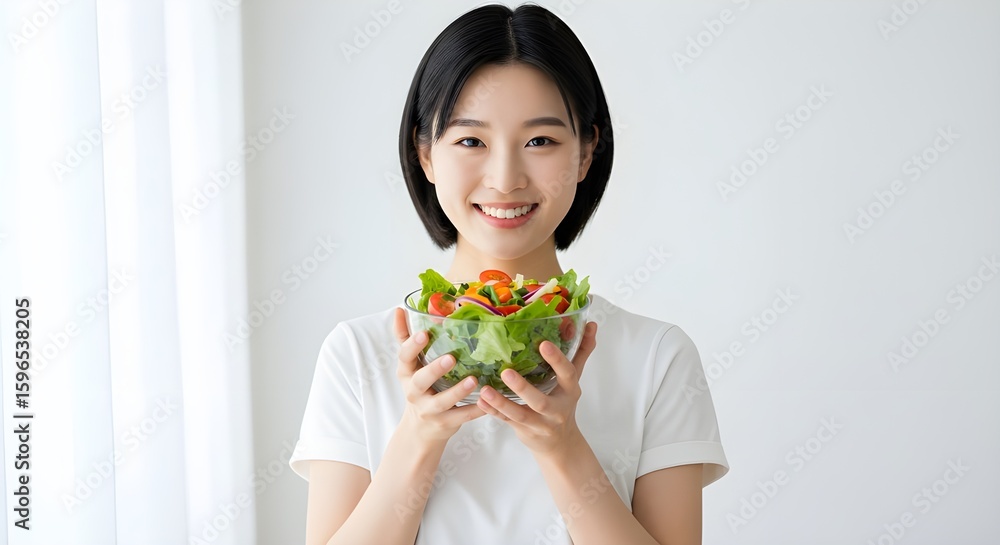 Retrato fotográfico de mujer sonriente con comida sentada contra fondo blanco Retrato fotográfico de mujer sonriente con comida sentada contra fondo blanco