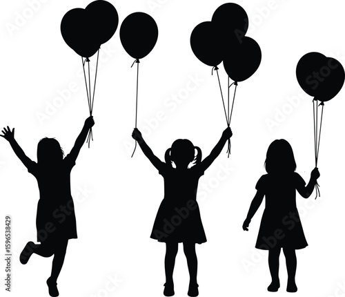 Silhouette of three children holding balloons, outdoor celebration scene, joyful playtime moment, festive childhood fun, vector illustration design