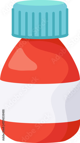 Red plastic medicine bottle with blank white label and light blue ribbed cap, representing healthcare, pharmaceuticals, and medical treatments