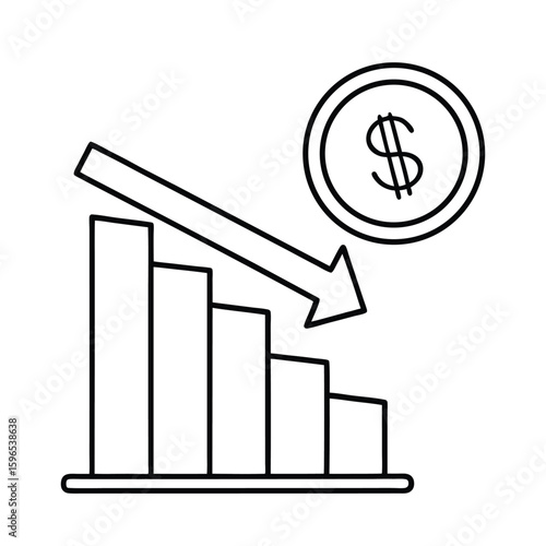 Financial Decline Chart Line Art on White Background 