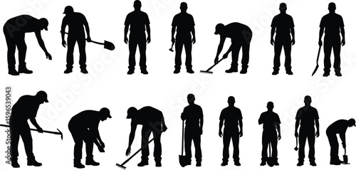 Silhouetted construction workers performing tasks, labor scene, industrial job illustration, vector design, teamwork, manual work, machinery, profession, occupation, effort