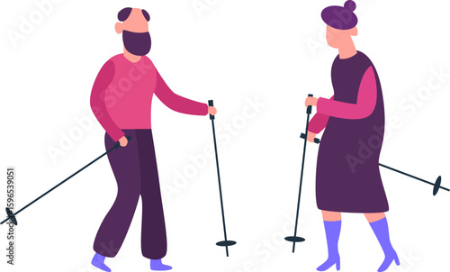 Active seniors enjoying outdoor exercise together, using nordic walking poles to promote fitness and a healthy lifestyle in old age, embracing vitality and wellbeing in nature