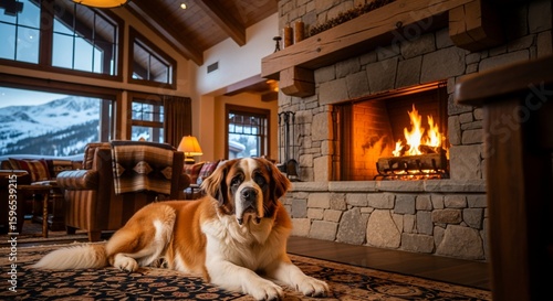 Saint Bernard Dog Relaxing by Stone Fireplace in Cozy Mountain Cabin