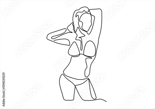 Contour line art of a woman in a bikini posing.  line icon-continuous line drawing. Editable stroke. 