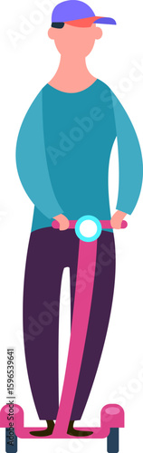 Young man is standing on a pink electric scooter, holding the handlebars and wearing casual clothes including a teal shirt, purple trousers and a purple and blue cap