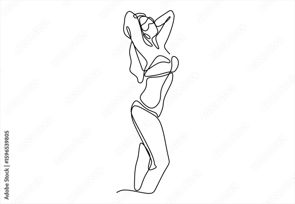 Contour line art of a woman in a bikini posing. line icon-continuous line drawing. Editable stroke.
Contour line art of a woman in a bikini posing. line icon-continuous line drawing. Editable stroke.